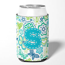 Load image into Gallery viewer, Letter S Flowers and Butterflies Teal Blue Can or Bottle Hugger CJ2006-SCC