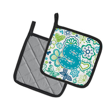 Load image into Gallery viewer, Letter S Flowers and Butterflies Teal Blue Pot Holders - Set of 2 - Heat-Resistant Kitchen Essentials CJ2006-SPTHD
