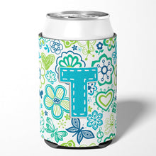 Load image into Gallery viewer, Letter T Flowers and Butterflies Teal Blue Can or Bottle Hugger CJ2006-TCC
