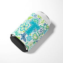 Load image into Gallery viewer, Letter T Flowers and Butterflies Teal Blue Can or Bottle Hugger CJ2006-TCC