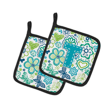 Load image into Gallery viewer, Letter T Flowers and Butterflies Teal Blue Pot Holders - Set of 2 - Heat-Resistant Kitchen Essentials CJ2006-TPTHD