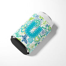 Load image into Gallery viewer, Letter U Flowers and Butterflies Teal Blue Can or Bottle Hugger CJ2006-UCC