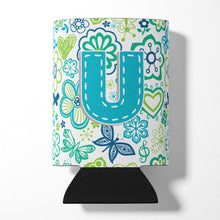 Load image into Gallery viewer, Letter U Flowers and Butterflies Teal Blue Can or Bottle Hugger CJ2006-UCC