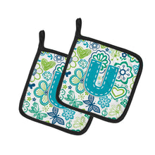 Load image into Gallery viewer, Letter U Flowers and Butterflies Teal Blue Pot Holders - Set of 2 - Heat-Resistant Kitchen Essentials CJ2006-UPTHD