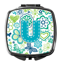 Load image into Gallery viewer, Letter U Flowers and Butterflies Teal Blue Compact Mirror – Stylish Purse Mirror with Artistic Covers CJ2006-USCM