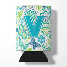 Load image into Gallery viewer, Letter V Flowers and Butterflies Teal Blue Can or Bottle Hugger CJ2006-VCC