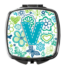 Load image into Gallery viewer, Letter V Flowers and Butterflies Teal Blue Compact Mirror – Stylish Purse Mirror with Artistic Covers CJ2006-VSCM