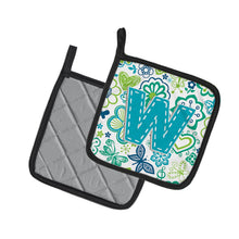 Load image into Gallery viewer, Letter W Flowers and Butterflies Teal Blue Pot Holders - Set of 2 - Heat-Resistant Kitchen Essentials CJ2006-WPTHD