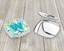 Load image into Gallery viewer, Letter W Flowers and Butterflies Teal Blue Compact Mirror – Stylish Purse Mirror with Artistic Covers CJ2006-WSCM
