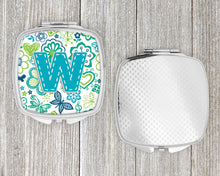 Load image into Gallery viewer, Letter W Flowers and Butterflies Teal Blue Compact Mirror – Stylish Purse Mirror with Artistic Covers CJ2006-WSCM