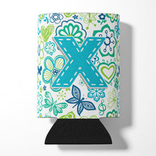 Load image into Gallery viewer, Letter X Flowers and Butterflies Teal Blue Can or Bottle Hugger CJ2006-XCC