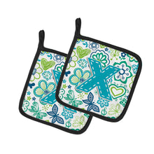 Load image into Gallery viewer, Letter X Flowers and Butterflies Teal Blue Pot Holders - Set of 2 - Heat-Resistant Kitchen Essentials CJ2006-XPTHD