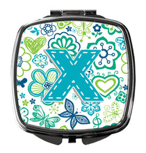 Load image into Gallery viewer, Letter X Flowers and Butterflies Teal Blue Compact Mirror – Stylish Purse Mirror with Artistic Covers CJ2006-XSCM