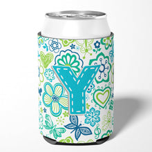 Load image into Gallery viewer, Letter Y Flowers and Butterflies Teal Blue Can or Bottle Hugger CJ2006-YCC