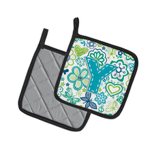 Load image into Gallery viewer, Letter Y Flowers and Butterflies Teal Blue Pot Holders - Set of 2 - Heat-Resistant Kitchen Essentials CJ2006-YPTHD