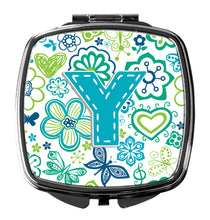Load image into Gallery viewer, Letter Y Flowers and Butterflies Teal Blue Compact Mirror – Stylish Purse Mirror with Artistic Covers CJ2006-YSCM