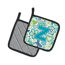 Load image into Gallery viewer, Letter Z Flowers and Butterflies Teal Blue Pot Holders - Set of 2 - Heat-Resistant Kitchen Essentials CJ2006-ZPTHD