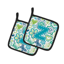 Load image into Gallery viewer, Letter Z Flowers and Butterflies Teal Blue Pot Holders - Set of 2 - Heat-Resistant Kitchen Essentials CJ2006-ZPTHD