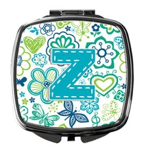 Load image into Gallery viewer, Letter Z Flowers and Butterflies Teal Blue Compact Mirror – Stylish Purse Mirror with Artistic Covers CJ2006-ZSCM