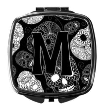 Load image into Gallery viewer, Letter M Day of the Dead Skulls Black Compact Mirror – Stylish Purse Mirror with Artistic Covers CJ2008-MSCM