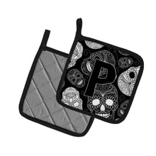 Load image into Gallery viewer, Letter P Day of the Dead Skulls Black Pot Holders - Set of 2 - Heat-Resistant Kitchen Essentials CJ2008-PPTHD