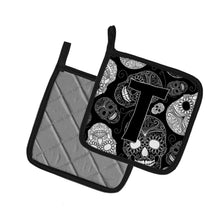 Load image into Gallery viewer, Letter T Day of the Dead Skulls Black Pot Holders - Set of 2 - Heat-Resistant Kitchen Essentials CJ2008-TPTHD