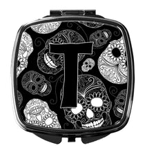 Load image into Gallery viewer, Letter T Day of the Dead Skulls Black Compact Mirror – Stylish Purse Mirror with Artistic Covers CJ2008-TSCM