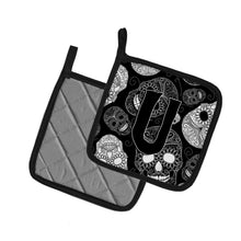 Load image into Gallery viewer, Letter U Day of the Dead Skulls Black Pot Holders - Set of 2 - Heat-Resistant Kitchen Essentials CJ2008-UPTHD