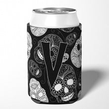 Load image into Gallery viewer, Letter V Day of the Dead Skulls Black Can or Bottle Hugger CJ2008-VCC
