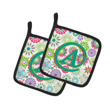 Load image into Gallery viewer, Letter A Flowers Pink Teal Green Initial Pot Holders - Set of 2 - Heat-Resistant Kitchen Essentials CJ2011-APTHD