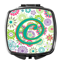 Load image into Gallery viewer, Letter C Flowers Pink Teal Green Initial Compact Mirror – Stylish Purse Mirror with Artistic Covers CJ2011-CSCM