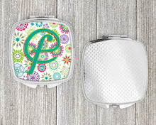 Load image into Gallery viewer, Letter F Flowers Pink Teal Green Initial Compact Mirror – Stylish Purse Mirror with Artistic Covers CJ2011-FSCM