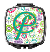Load image into Gallery viewer, Letter F Flowers Pink Teal Green Initial Compact Mirror – Stylish Purse Mirror with Artistic Covers CJ2011-FSCM