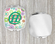 Load image into Gallery viewer, Letter H Flowers Pink Teal Green Initial Compact Mirror – Stylish Purse Mirror with Artistic Covers CJ2011-HSCM