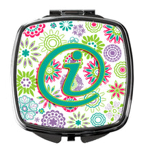 Load image into Gallery viewer, Letter I Flowers Pink Teal Green Initial Compact Mirror – Stylish Purse Mirror with Artistic Covers CJ2011-ISCM