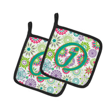 Load image into Gallery viewer, Letter J Flowers Pink Teal Green Initial Pot Holders - Set of 2 - Heat-Resistant Kitchen Essentials CJ2011-JPTHD