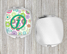 Load image into Gallery viewer, Letter J Flowers Pink Teal Green Initial Compact Mirror – Stylish Purse Mirror with Artistic Covers CJ2011-JSCM