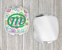 Load image into Gallery viewer, Letter M Flowers Pink Teal Green Initial Compact Mirror – Stylish Purse Mirror with Artistic Covers CJ2011-MSCM