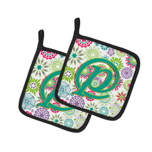 Load image into Gallery viewer, Letter P Flowers Pink Teal Green Initial Pot Holders - Set of 2 - Heat-Resistant Kitchen Essentials CJ2011-PPTHD