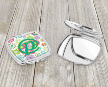 Load image into Gallery viewer, Letter P Flowers Pink Teal Green Initial Compact Mirror – Stylish Purse Mirror with Artistic Covers CJ2011-PSCM