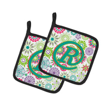 Load image into Gallery viewer, Letter R Flowers Pink Teal Green Initial Pot Holders - Set of 2 - Heat-Resistant Kitchen Essentials CJ2011-RPTHD