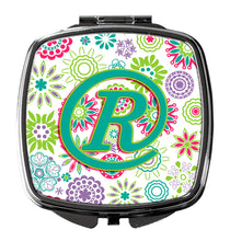 Load image into Gallery viewer, Letter R Flowers Pink Teal Green Initial Compact Mirror – Stylish Purse Mirror with Artistic Covers CJ2011-RSCM