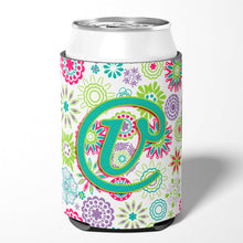 Load image into Gallery viewer, Letter V Flowers Pink Teal Green Initial Can or Bottle Hugger CJ2011-VCC