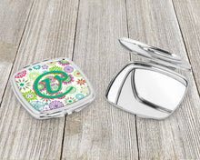 Load image into Gallery viewer, Letter V Flowers Pink Teal Green Initial Compact Mirror – Stylish Purse Mirror with Artistic Covers CJ2011-VSCM