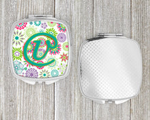 Load image into Gallery viewer, Letter V Flowers Pink Teal Green Initial Compact Mirror – Stylish Purse Mirror with Artistic Covers CJ2011-VSCM