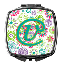 Load image into Gallery viewer, Letter V Flowers Pink Teal Green Initial Compact Mirror – Stylish Purse Mirror with Artistic Covers CJ2011-VSCM