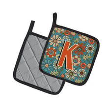 Load image into Gallery viewer, Letter K Flowers Retro Blue Pot Holders - Set of 2 - Heat-Resistant Kitchen Essentials CJ2012-KPTHD