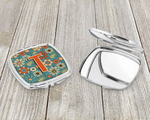 Load image into Gallery viewer, Letter T Flowers Retro Blue Compact Mirror – Stylish Purse Mirror with Artistic Covers CJ2012-TSCM