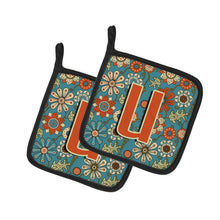 Load image into Gallery viewer, Letter U Flowers Retro Blue Pot Holders - Set of 2 - Heat-Resistant Kitchen Essentials CJ2012-UPTHD