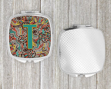 Load image into Gallery viewer, Letter T Retro Tribal Alphabet Initial Compact Mirror – Stylish Purse Mirror with Artistic Covers CJ2013-TSCM
